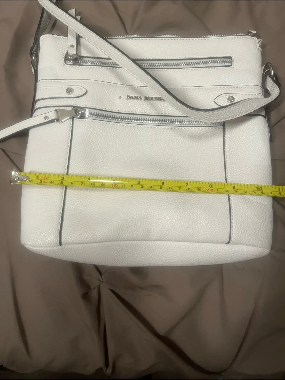 Dana Buchman White Crossbody Faux Leather Bag with Multiple Zip Pockets